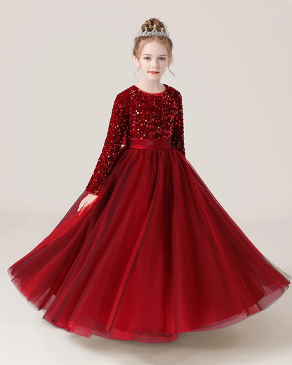 Burgundy Front Sequin Long Sleeve Flower Girl Dress
