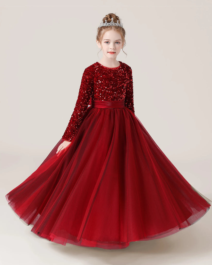 Burgundy Tulle A-line Girls Formal Dress Front View
