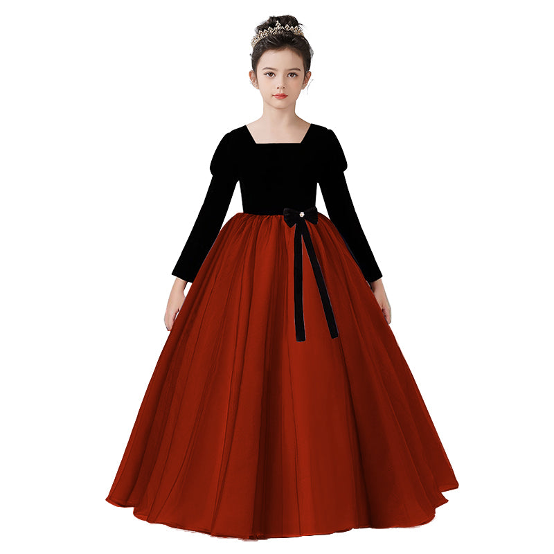 Velvet Tulle Flower Girl Dress for Wedding Girls First Communion Dress Long Sleeves Birthday Party Dress Prom Ball Gown