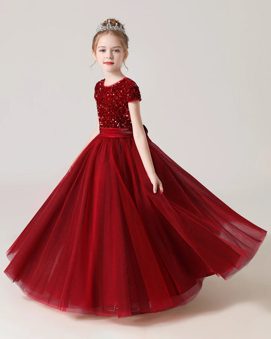 Burgundy Tulle Ball Gown Girls Formal Dress Front View