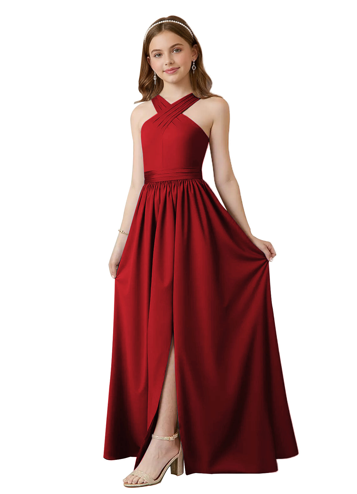 dideyttawl Junior Bridesmaid Dresses for Teen Girls Satin Halter A-Line Flower Girl Dress for Wedding 2531