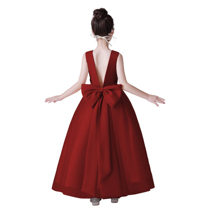 Dideyttawl Big Bow V-Back Satin Tulle Flower Girl Dress with Pearls Puffy Princess Ball Gown