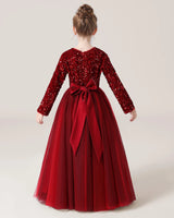 Burgundy Sequin Tulle A-line Girls Formal Dress Back View