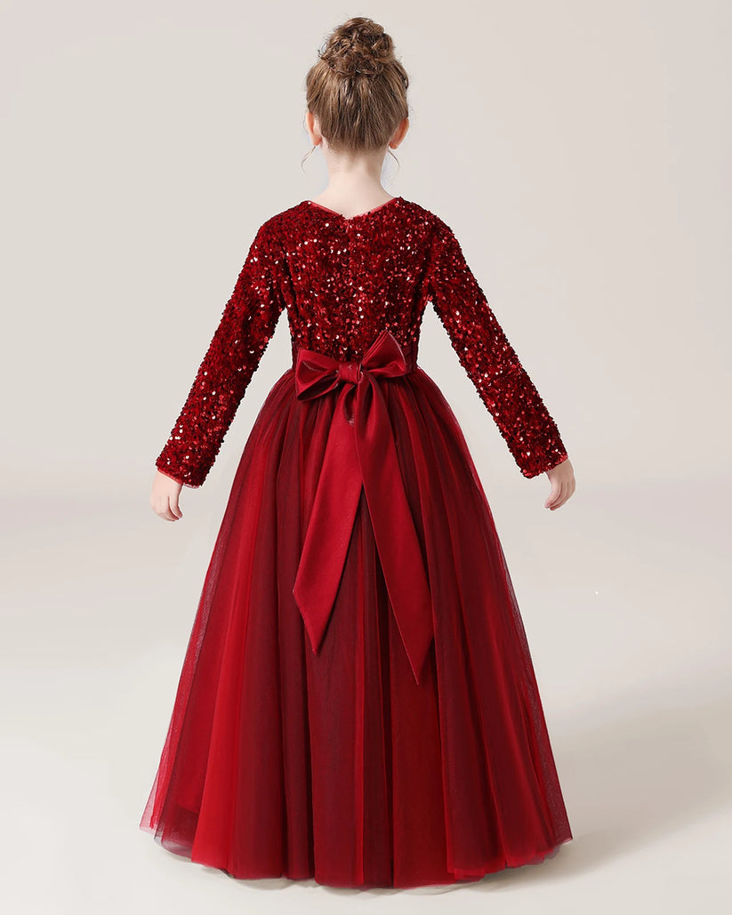 Burgundy Sequin Tulle A-line Girls Formal Dress Back View
