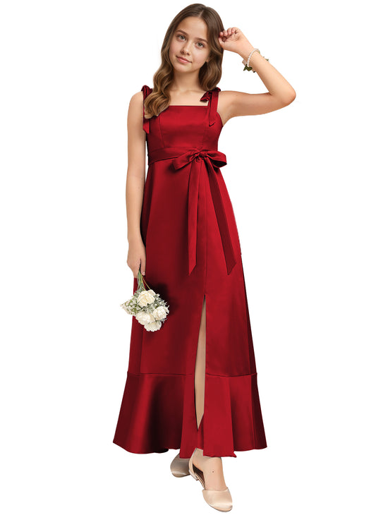 dideyttawl Junior Bridesmaid Dresses for Teens Silk Satin Adjustable Straps Flower Girl Dress with Slit 2529