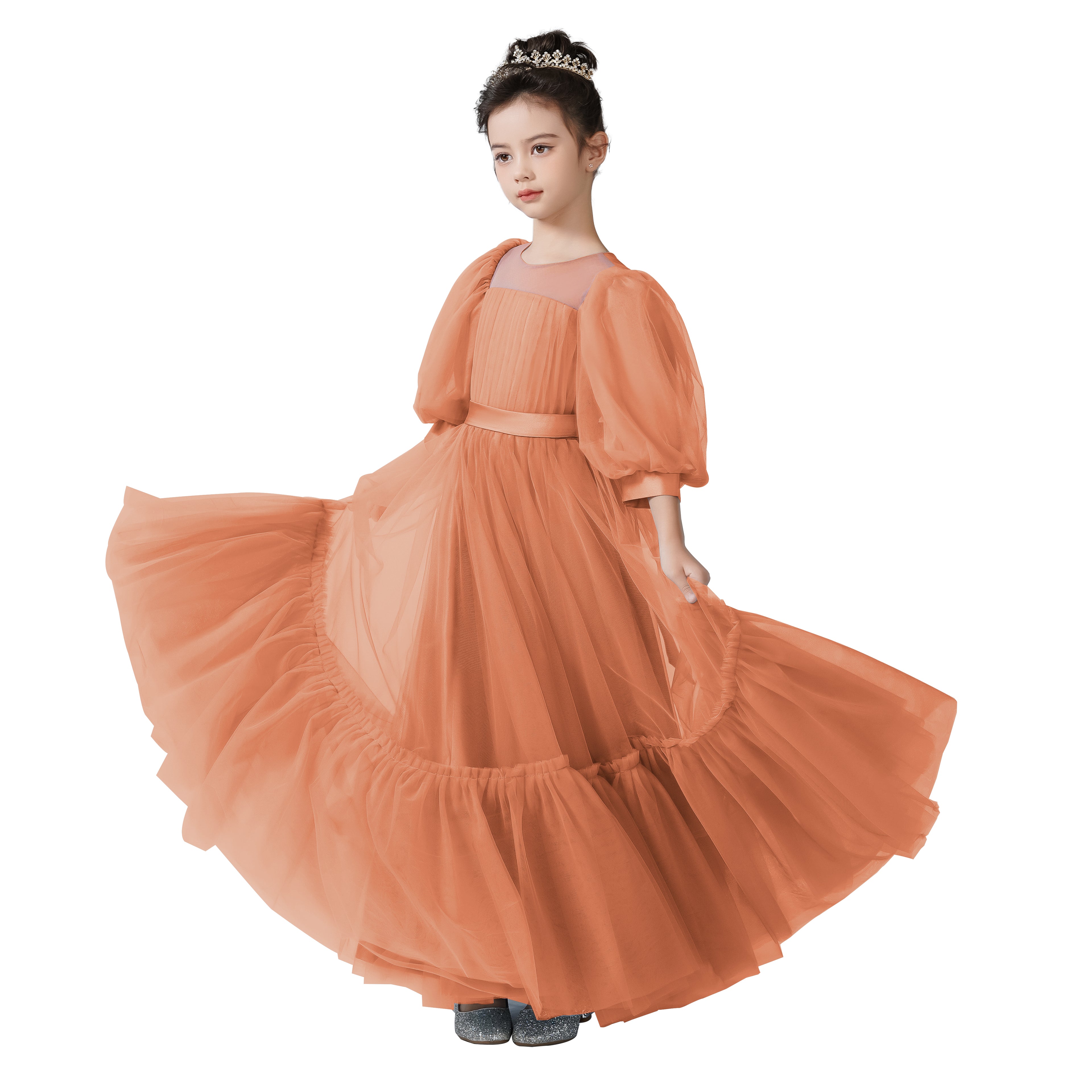Dideyttawl Girls Dusty Blue Princess Dress Long Sleeve Tulle Ball Gown for Wedding Party
