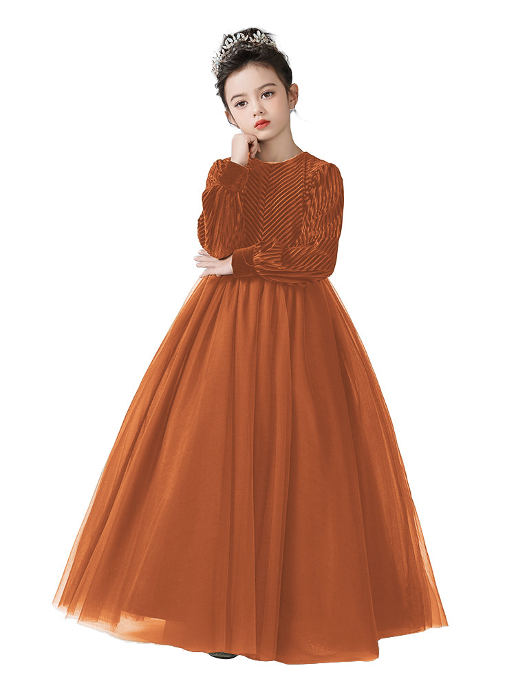 Girls Velvet Flower Girl Dress Elegant Formal Dress Lantern Long Sleeves Girls Birthday Party Dress, Burnt Orange / 8 Girls Velvet Flower Girl Dress Elegant Formal Dress Lantern Long Sleeves Girls Birthday Party Dress, Burnt Orange / 8