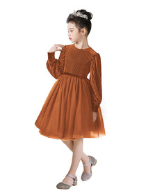 Dideyttawl Spring Girls Short Velvet Girls Formal Dress Elegant Formal Dress Lantern Long Sleeves Girls Birthday Party Dress