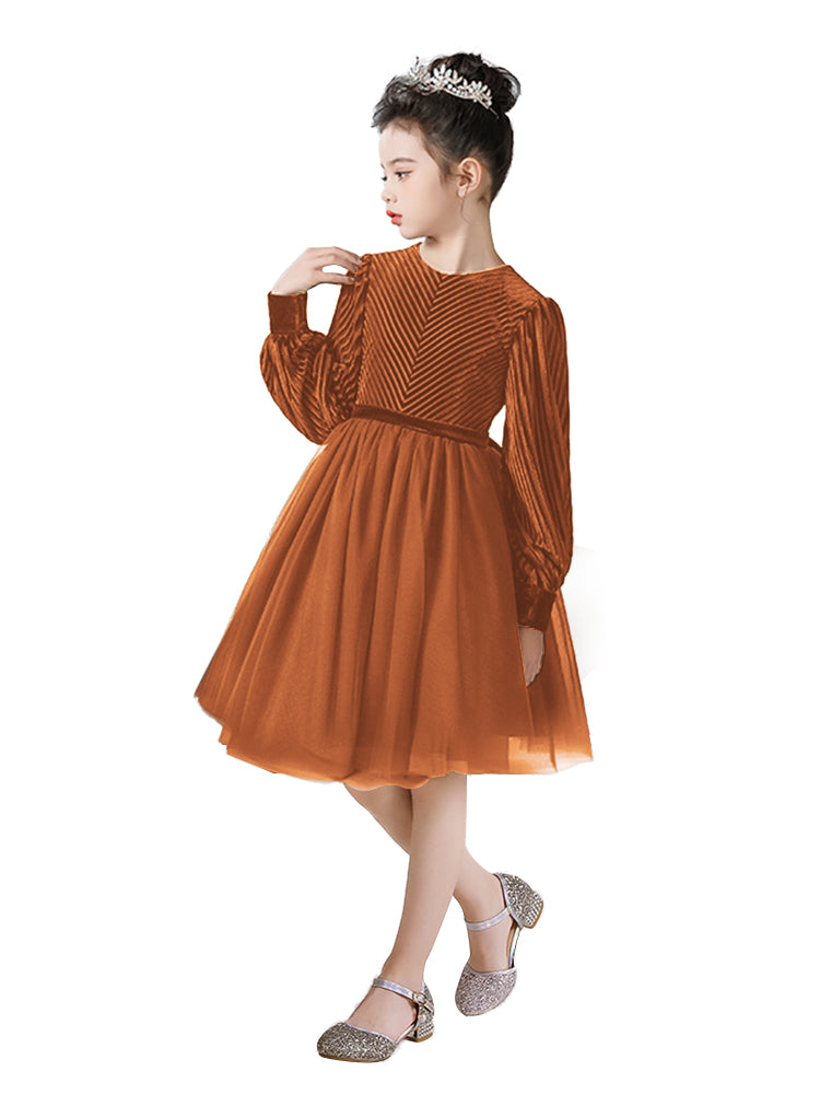 Dideyttawl Spring Girls Short Velvet Girls Formal Dress Elegant Formal Dress Lantern Long Sleeves Girls Birthday Party Dress