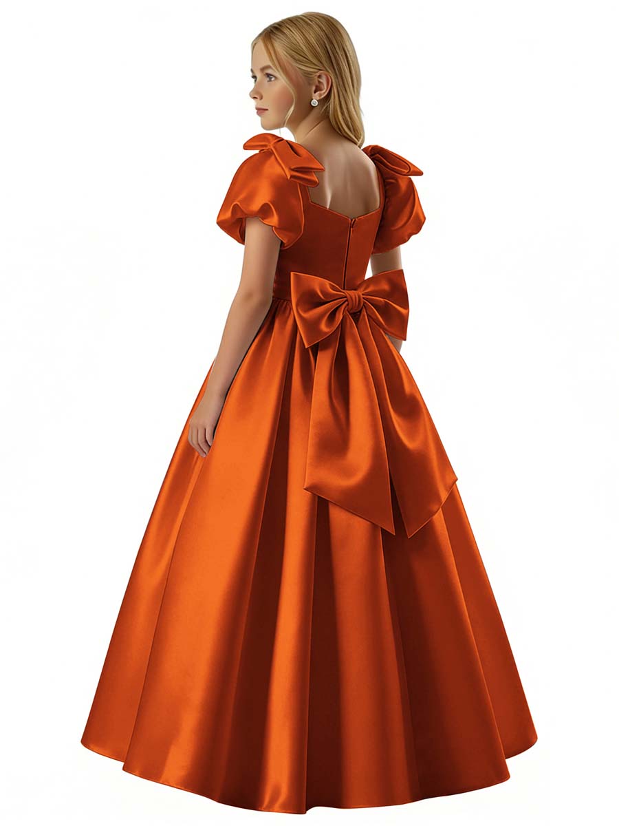 dideyttawl 2026 Satin Flower Girl Dress A Line Big Bow Long Prom Princess Ball Gown Puff Sleeves Junior Bridesmaid Dress 2773