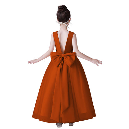 Dideyttawl Big Bow V-Back Satin Tulle Flower Girl Dress with Pearls Puffy Princess Ball Gown