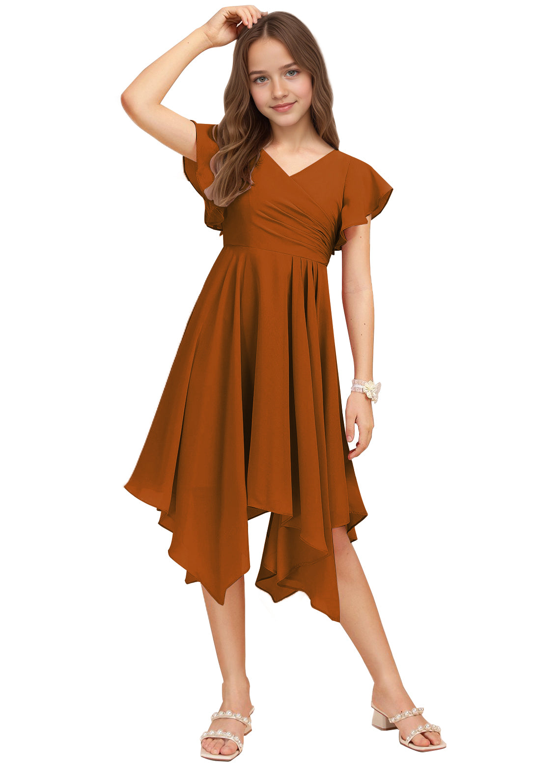 Chiffon Short Junior Bridesmaid Dresses Knee Length Flutter Sleeves Flower Girl Dresses for 4-16 2505