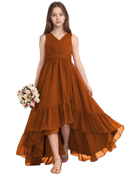 dideyttawl A-Line High Low Flower Girls Dress Long V-Neck Junior Bridesmaid Dresses for Teens Pleated Chiffon 2511