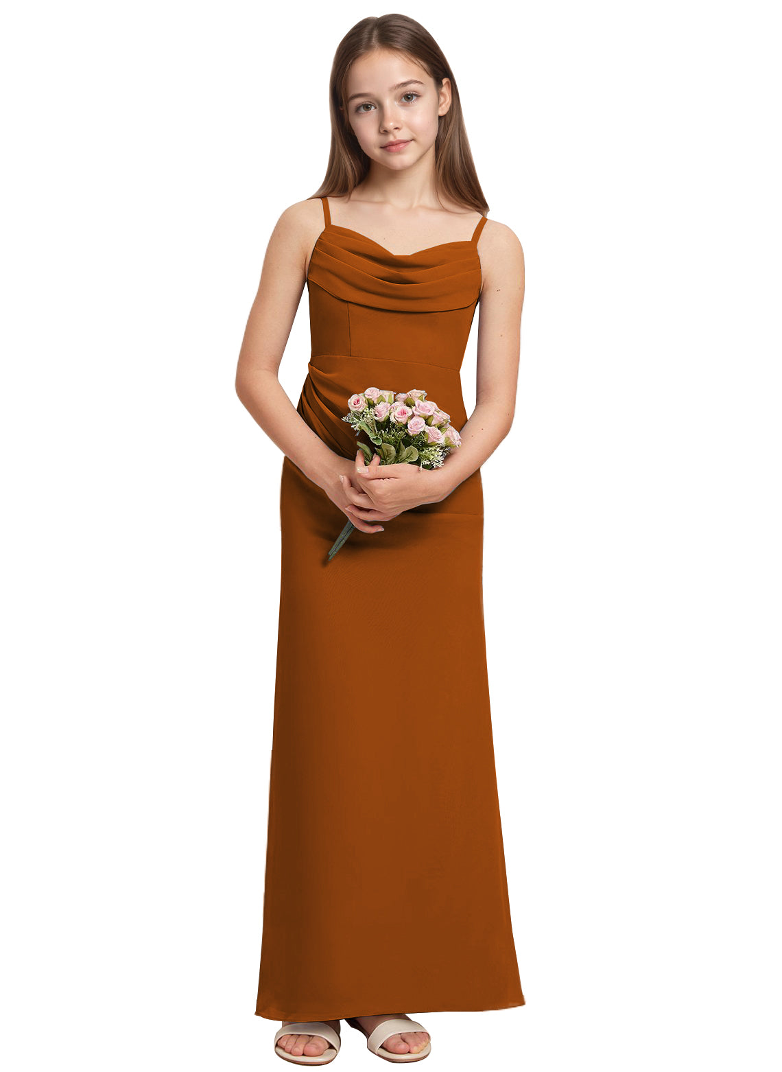 dideyttawl Long Sheathe Junior Bridesmaid Dresses for Girls Chiffon A-Line Ruched Cowl Neck Wedding Flower Girls Dress 2512