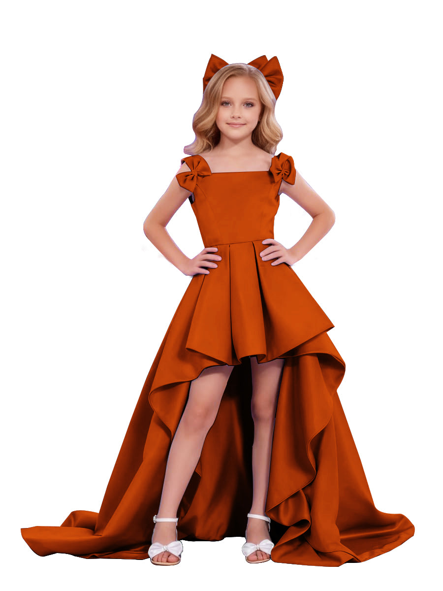 dideyttawl High-Low Junior Bridesmaid Dresses for Girls Pleated Satin A-Line Bow Straps Pageant Formal Party Dress 2536
