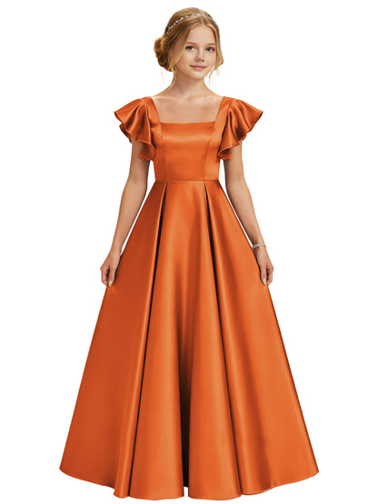 dideyttawl 2026 Girls Satin Prom Ball Gown Princess Dress Maxi Ruffle Sleeve Junior Bridesmaid Flower Girl Dresses 2546