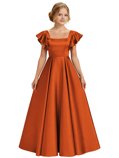 dideyttawl 2026 Girls Satin Prom Ball Gown Princess Dress Maxi Ruffle Sleeve Junior Bridesmaid Flower Girl Dresses 2546