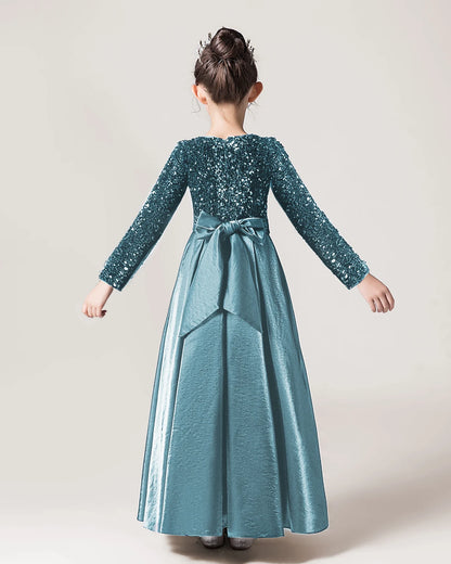 Dideyttawl Long Sleeves Sequins Flower Girls Dress Sparkling  Satin Formal Party Gown 503