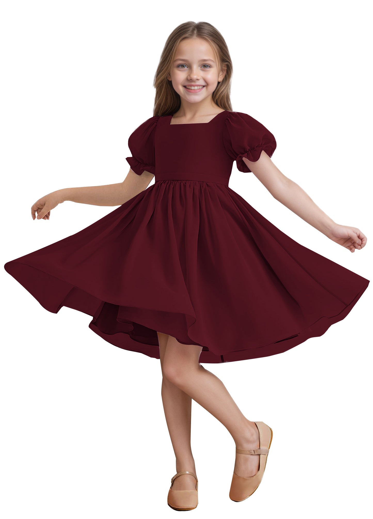 Chiffon Short Sleeves Flower Girl Dresses Knee Length Junior Bridesmaid Dresses for 4-16 650C