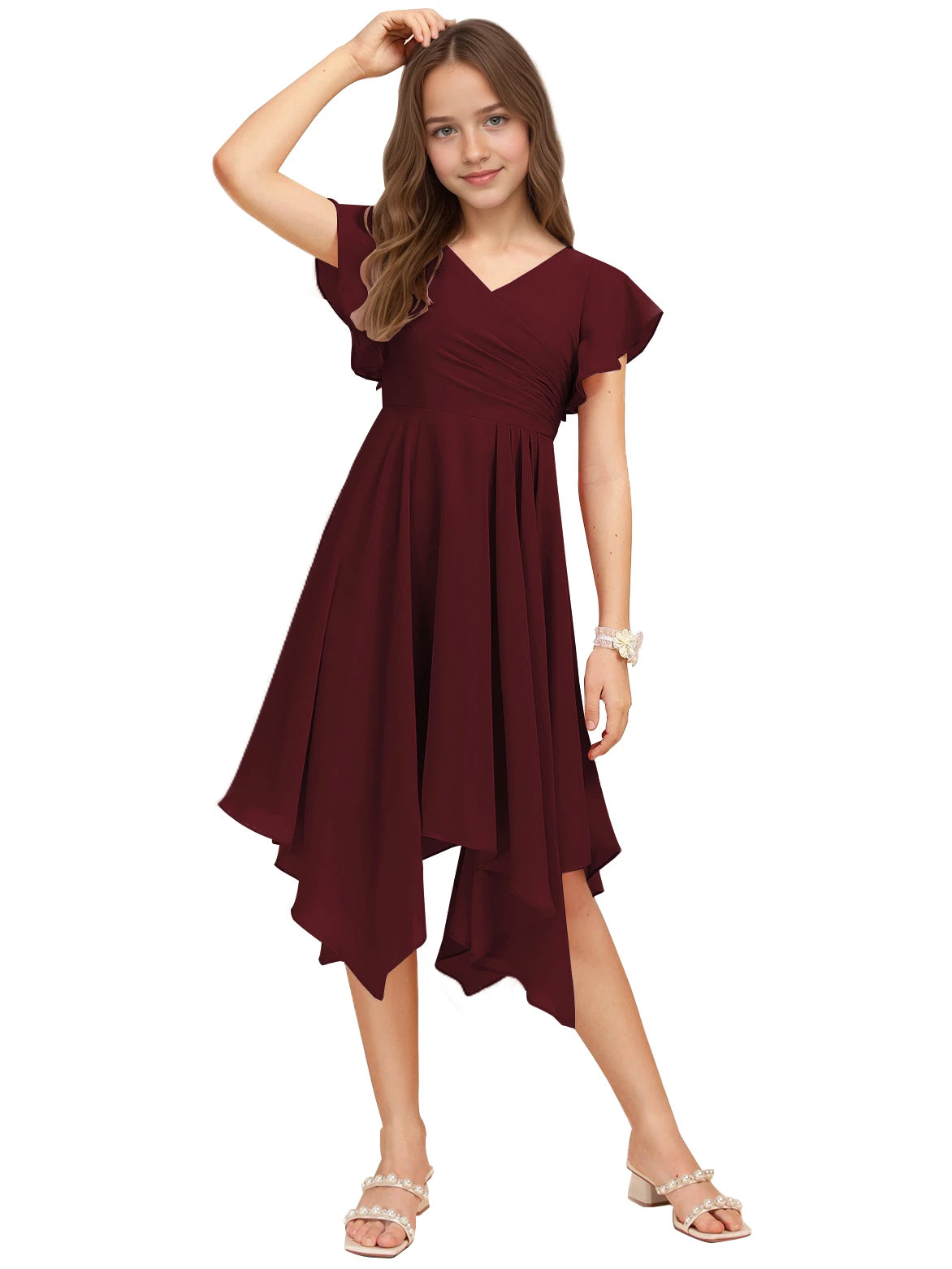 Dideyttawl Dusty Rose Junior Bridesmaid Chiffon Flutter Sleeve A-Line Dress