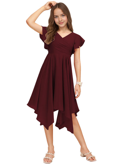Chiffon Short Junior Bridesmaid Dresses Knee Length Flutter Sleeves Flower Girl Dresses for 4-16 2505