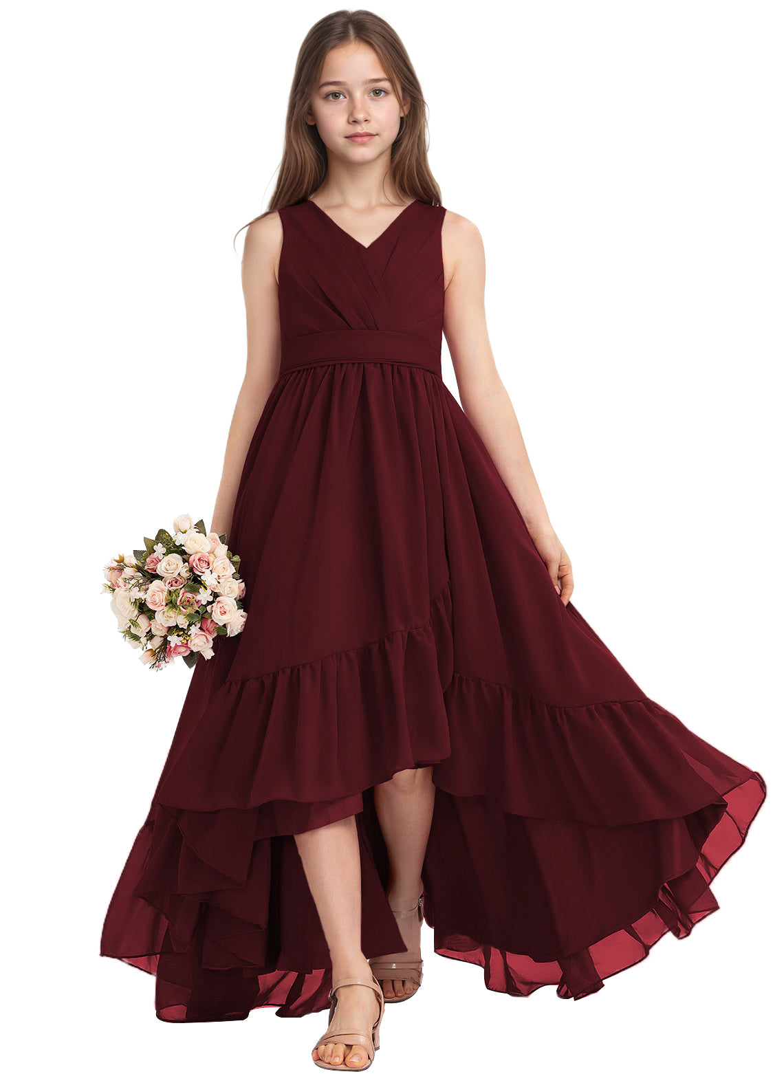 dideyttawl A-Line High Low Flower Girls Dress Long V-Neck Junior Bridesmaid Dresses for Teens Pleated Chiffon 2511