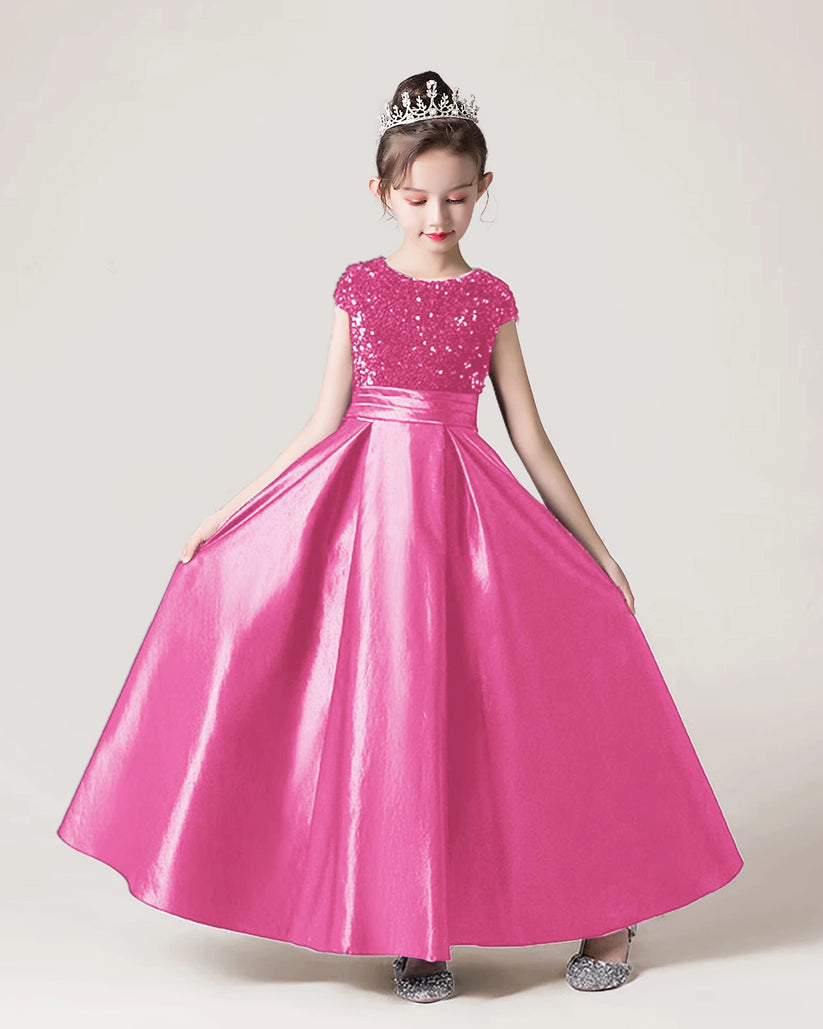 Hot Pink Sequin A-line Girls Formal Dress Front View