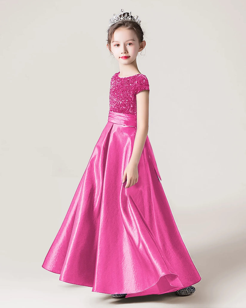 Hot Pink Satin A-line Girls Formal Dress Side View