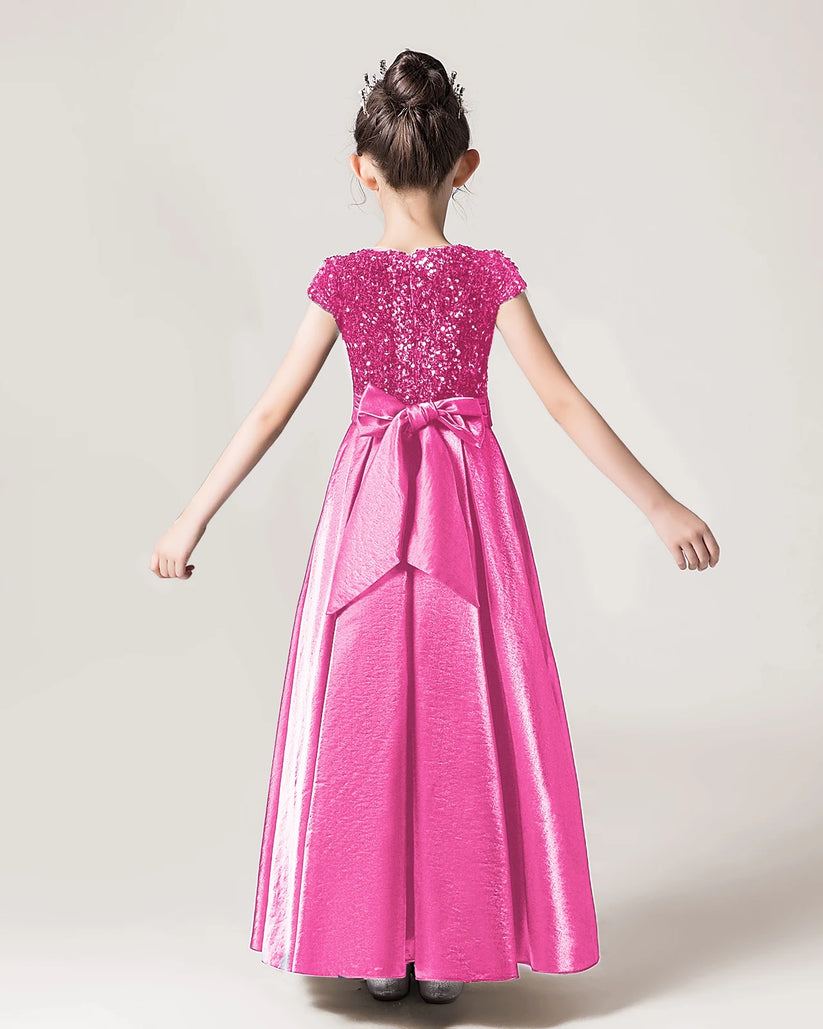 Hot Pink Sequin A-line Girls Formal Dress Back View