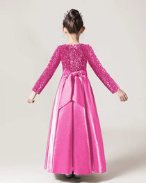 Hot Pink Back Sequin Long Sleeve Flower Girls Dress