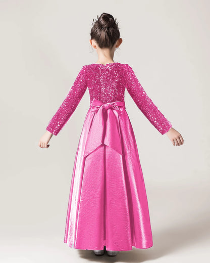 Dideyttawl Long Sleeves Sequins Flower Girls Dress Sparkling  Satin Formal Party Gown 503