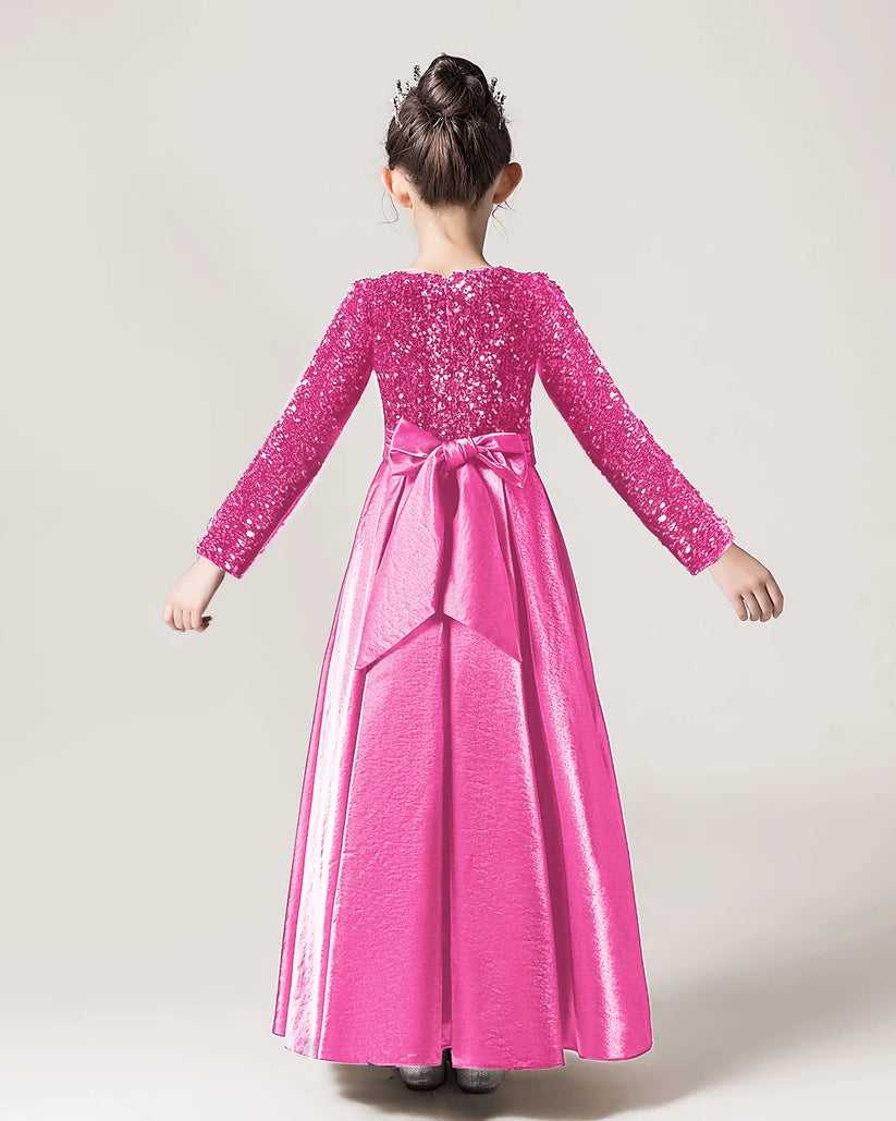 Hot Pink Sequin A-line Girls Formal Dress Back View