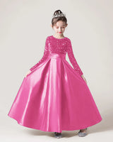 Hot Pink Sequin Satin A-line Girls Formal Dress Front View