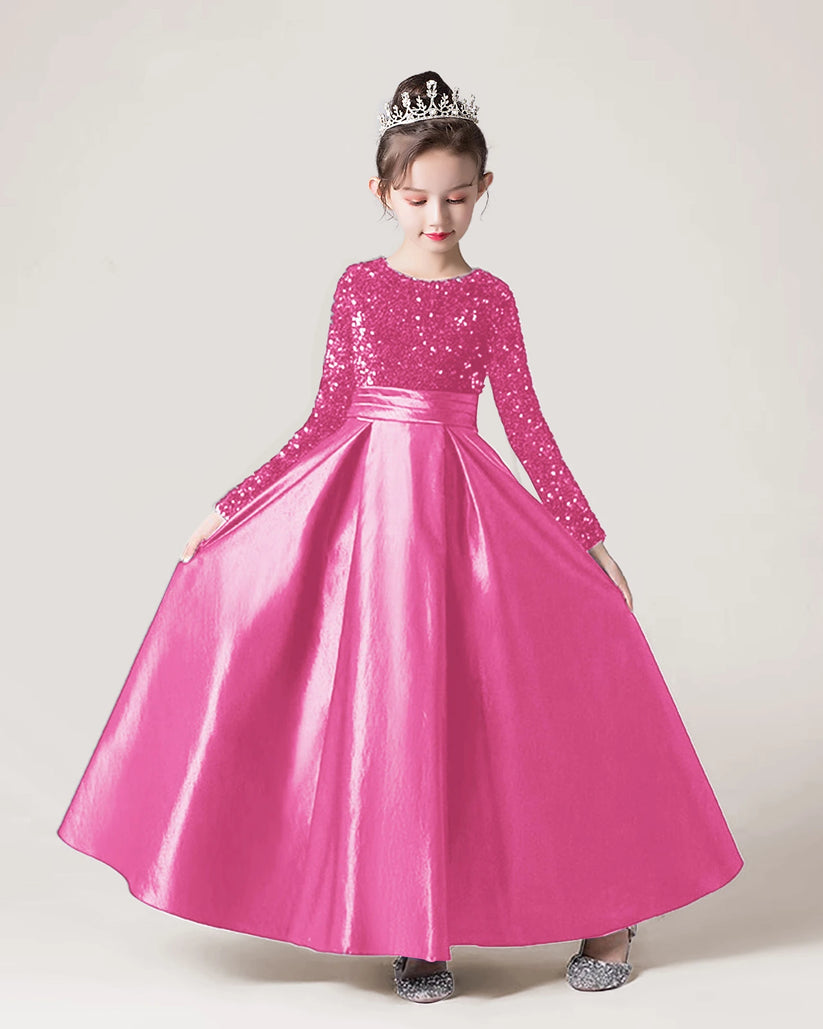 Hot Pink Sequin Satin A-line Girls Formal Dress Front View