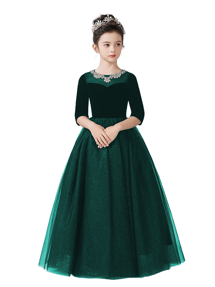 Dideyttawl Girls Formal Dress with Half Sleeves Velvet Bodice and Sparkly Tulle Skirt