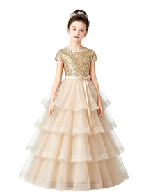 Dideyttawl Champagne Pageant Dress Sequin Tiered Tulle Ball Gown
