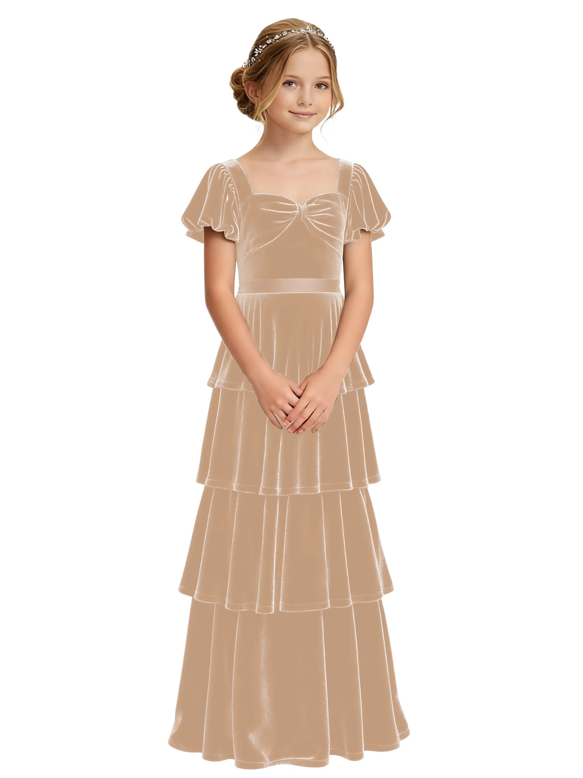 Dideyttawl Burgundy Velvet Girls Formal Dress Puff Sleeve Tiered Ruffle Formal Dress