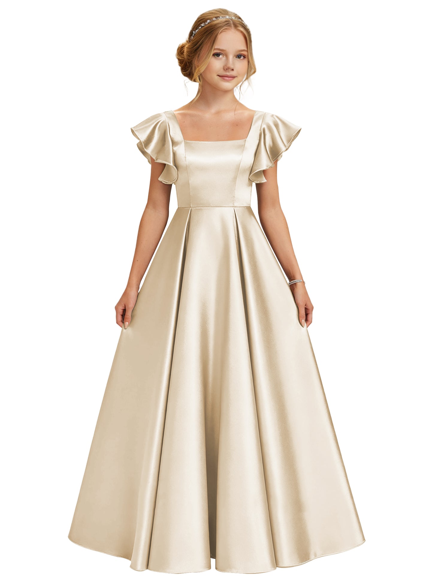dideyttawl 2026 Girls Satin Prom Ball Gown Princess Dress Maxi Ruffle Sleeve Junior Bridesmaid Flower Girl Dresses 2546