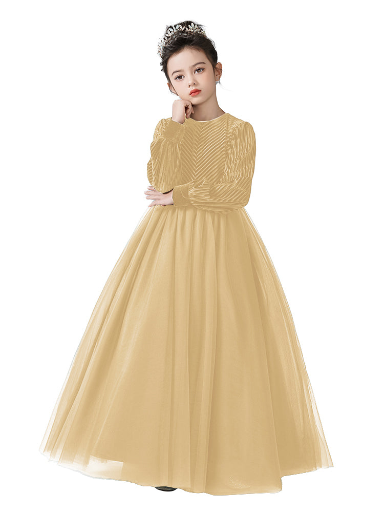 Girls Velvet Flower Girl Dress Elegant Formal Dress Lantern Long Sleeves Girls Birthday Party Dress