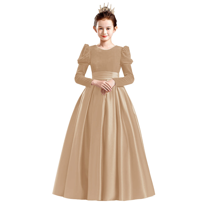 Dideyttawl Velvet Girls Formal Dress Long Sleeves Satin Flower Girl Dress 2541