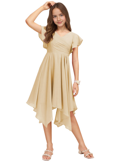 Chiffon Short Junior Bridesmaid Dresses Knee Length Flutter Sleeves Flower Girl Dresses for 4-16 2505