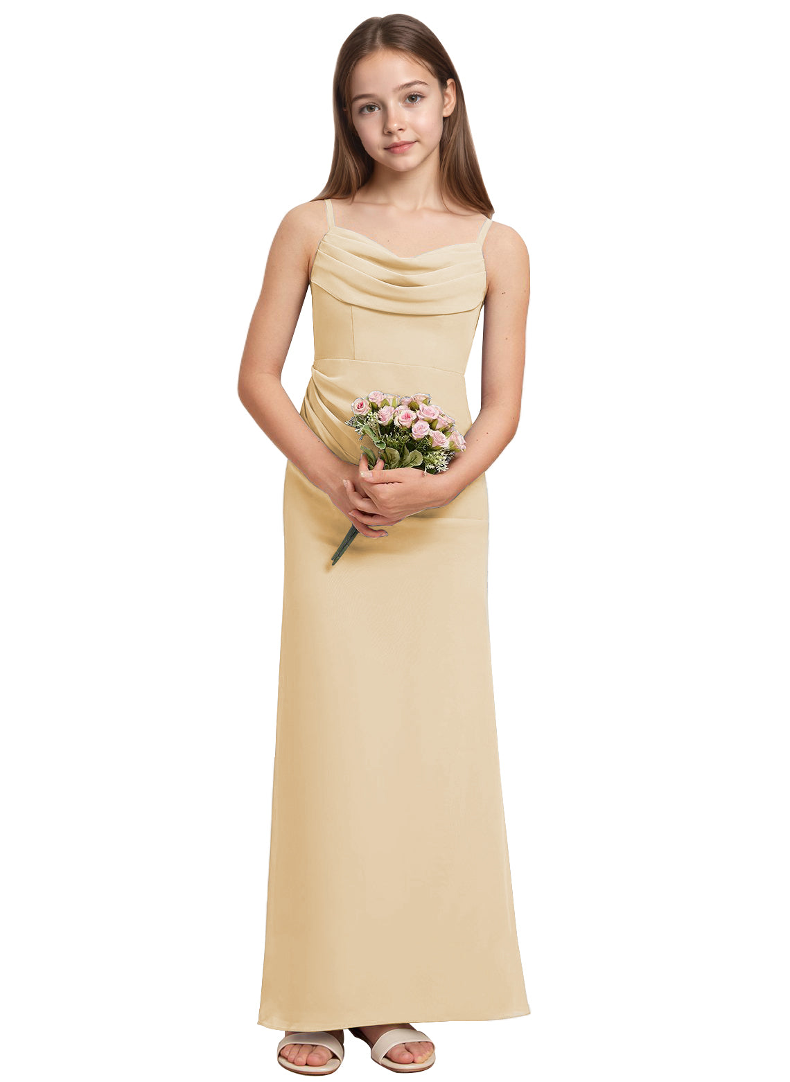 dideyttawl Long Sheathe Junior Bridesmaid Dresses for Girls Chiffon A-Line Ruched Cowl Neck Wedding Flower Girls Dress 2512