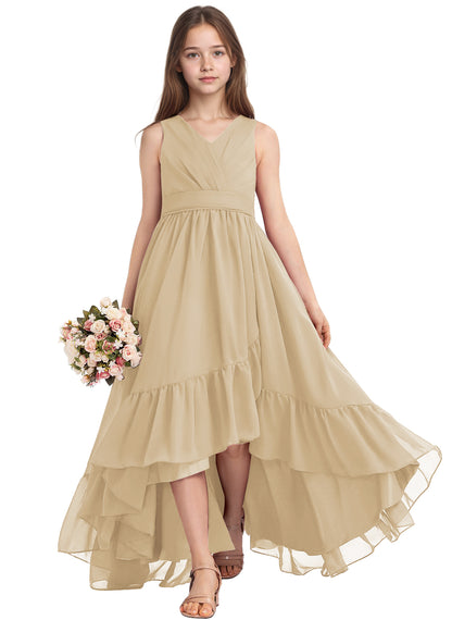 dideyttawl A-Line High Low Flower Girls Dress Long V-Neck Junior Bridesmaid Dresses for Teens Pleated Chiffon 2511