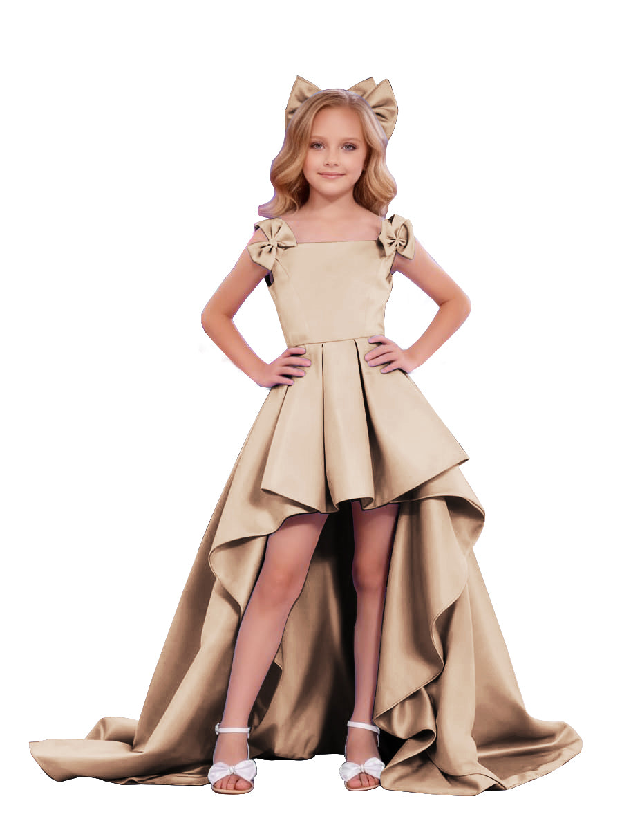 dideyttawl High-Low Junior Bridesmaid Dresses for Girls Pleated Satin A-Line Bow Straps Pageant Formal Party Dress 2536
