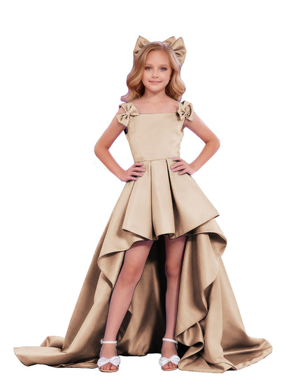 dideyttawl High-Low Junior Bridesmaid Dresses for Girls Pleated Satin A-Line Bow Straps Pageant Formal Party Dress 2536