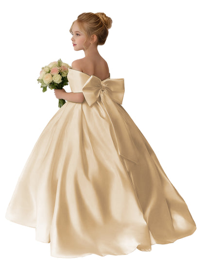 Dideyttawl Satin Flower Girl Dress A Line Off Shoulder Formal Ball Gown Bow Back