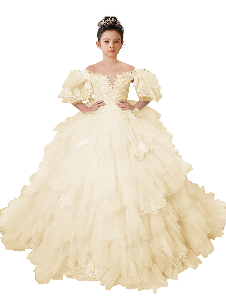 Flower Girl Dresses Lace Appliqued Puffy Sleeves Floor Length Long Train Princess Dresses