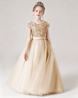 Champagne Sequin Tulle A-line Girls Formal Dress Front View