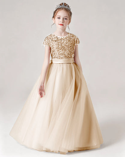 Champagne Front Tulle Flower Girls Dress