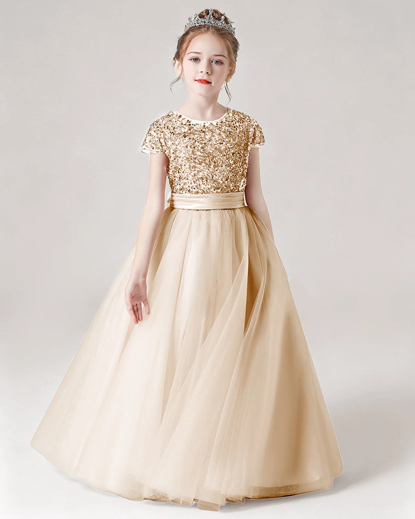 Champagne Sequin Tulle A-line Girls Formal Dress Front View